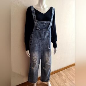 Wide-Leg Distressed Denim Cropped Overalls Women's Size L Blue